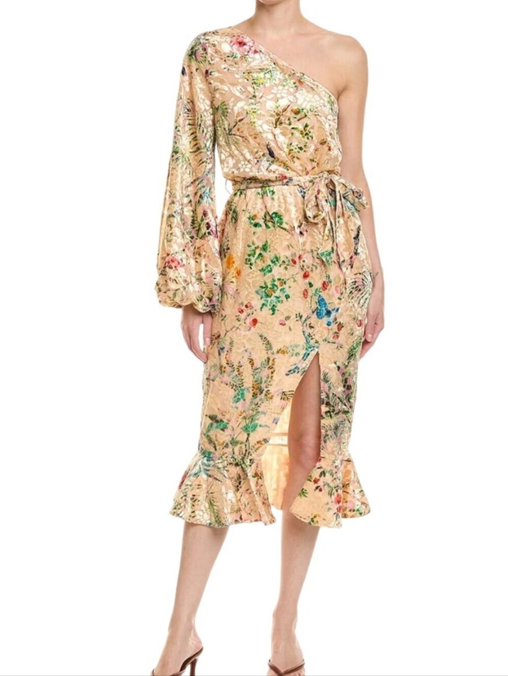 Hemant & Nandita Veena Dress Nude One-Shoulder Floral Midi Velvet Wedding Sz M